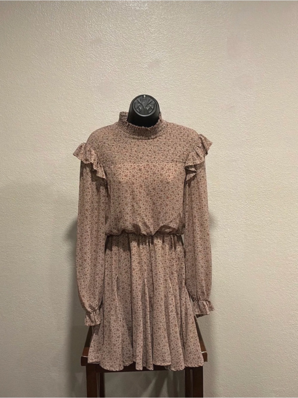 She + Sky Blush Pink Floral Long-Sleeve Ruffle Mini Dress